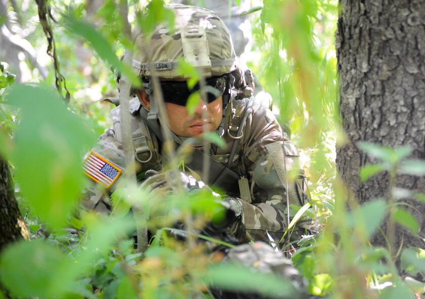 A U.S. Army soldier from the 10th Mountain Division, 4-31 Infantry Battalion, Bravo Company, 2nd Platoon, conceals himself during a training scenario at Fort Drum, N.Y., July 25, 2012. The soldier and his platoon needed to remain unseen to successfully engage a village during the joint training exercise Mountain Peak. (U.S. Air Force photo by Airman 1st Class Douglas Ellis/Released)
