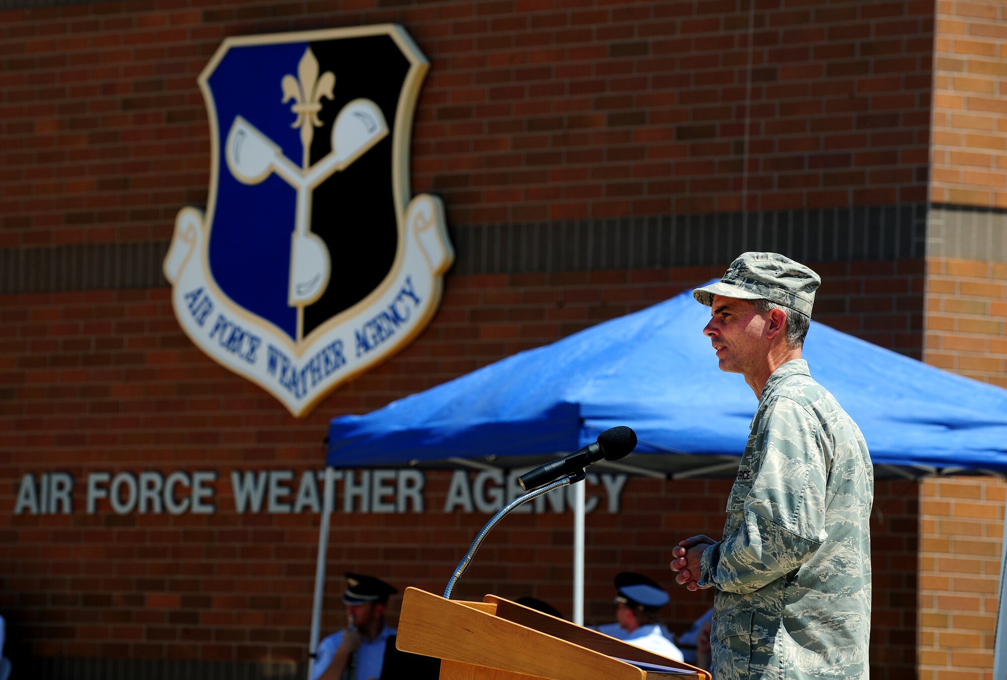 U.S. Air Force Col. Louis Zuccarello, Air Force Weather Agency commander, gives his opening remarks for the 75th Air Force Weather Anniversary hosted at the AFWA headquarters located at Offutt Air Force Base, Neb., Aug. 2.   Airmen from World War II to present active duty were in attendance for the historic milestone.  (U.S. Air Force Photo by Josh Plueger/Released)