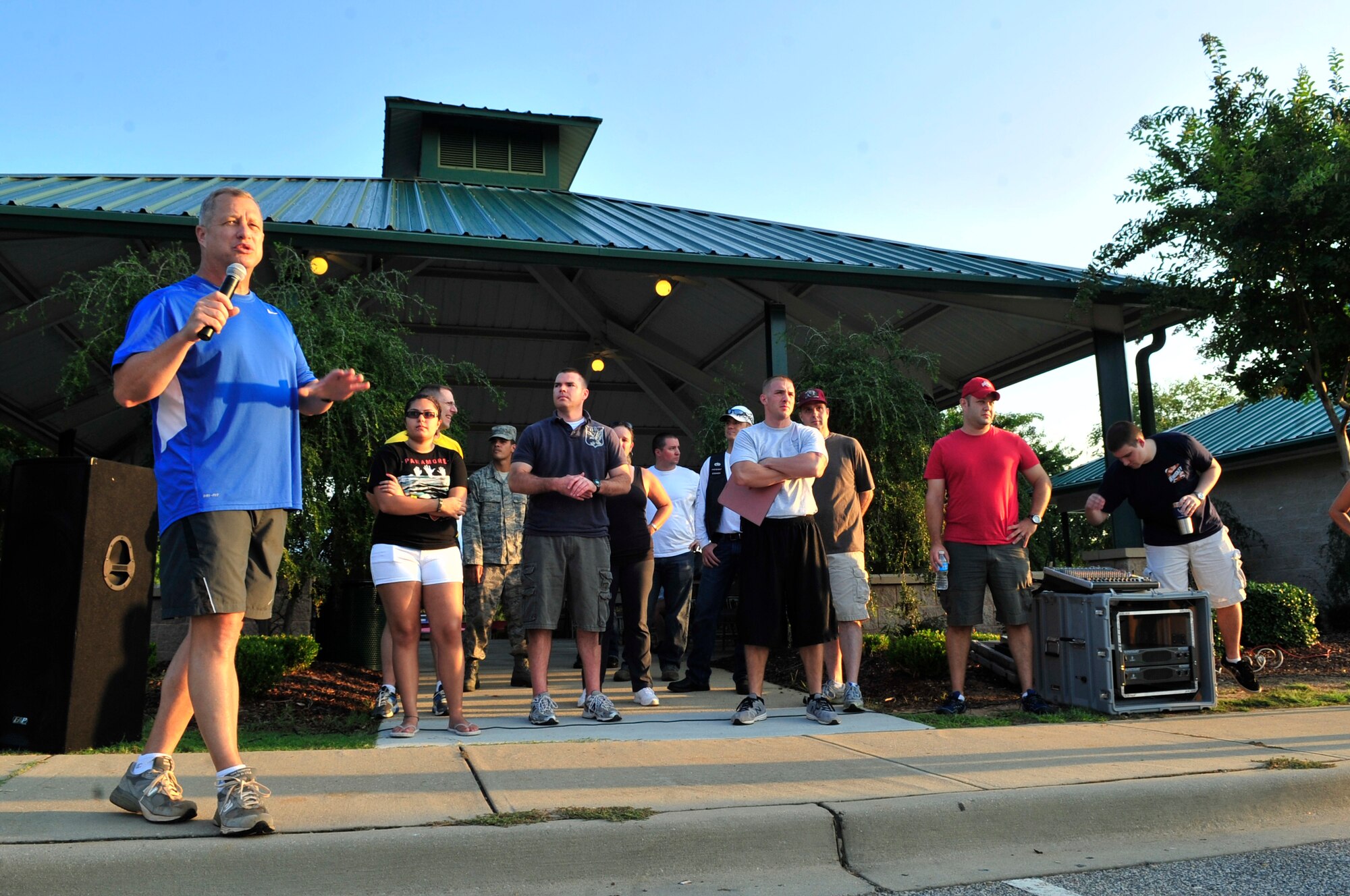 U.S. Air Force Maj. Gen. Lawrence Wells, 9th Air Force commander, gives his opening statement before a five-kilometer run at Memorial Lake, Shaw Air Force Base, S.C., June 3, 2012.  The run was the first event of the 9th Air Force and U.S. Air Forces Central family day.(U.S. Air Force photo by Airman Nicole Sikorski/Released) 