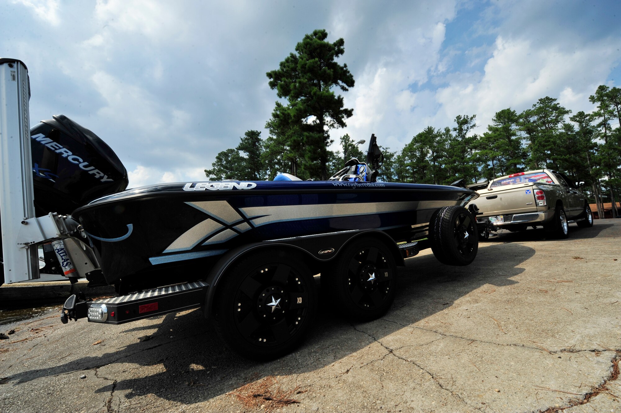 A Legend Air Force speed boat sits on a trailer before being put in the water at Wateree Lake, S.C., Aug. 3, 2012.  Ray Heredia, U.S. Air Forces Central and 9th Air Force video teleconference engineer, owns and uses this boat for bass fishing tournaments, guided fishing trips and Air Force recruiting.(U.S. Air Force photo by Airman Nicole Sikorski/Released) 