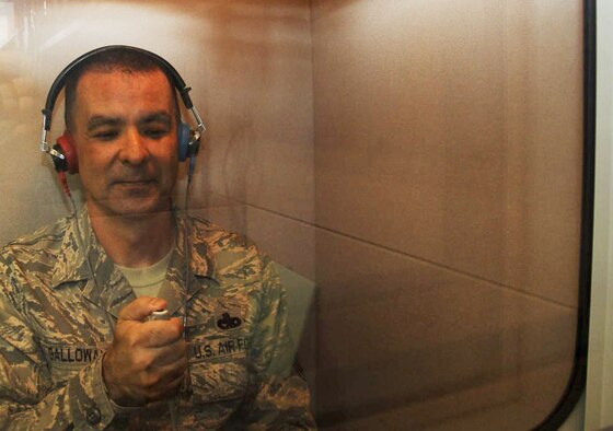 U.S. Air Force Chief Master Sgt. Frank Galloway, 35th Maintenance Group wing weapons manager, takes his annual audiogram test at Misawa Air Base, Japan, Aug. 7, 2012. Walk-in audiogram testing is only appropriate if a person is overdue for their annual exam. Otherwise, appointments are set up by Public Health at 226-6116. (U.S. Air Force Airman 1st Class Kenna Jackson/Released)