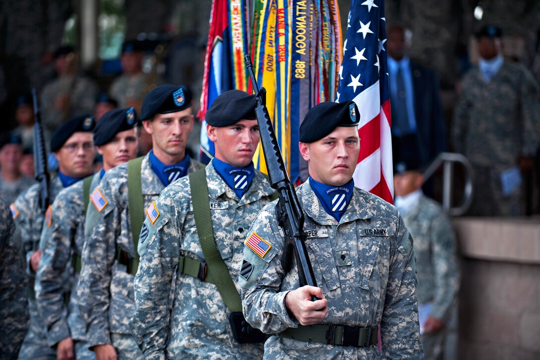 Soldiers from the 3rd Infantry Division's honor guard participate in a re-enlistment ceremony hosted by Army Chief of Staff Gen. Ray Odierno during his visit on Fort Stewart, Ga., Aug 6, 2012.