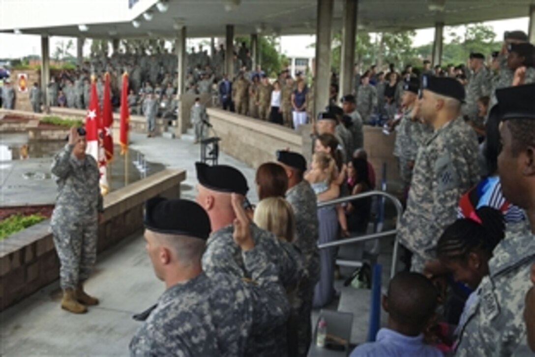 Army Chief of Staff Gen. Ray Odierno hosts a re-enlistment ceremony for 30 soldiers during a visit to Fort Stewart, Ga., Aug. 6, 2012. The soldiers are assigned to the 3rd Infantry Division.