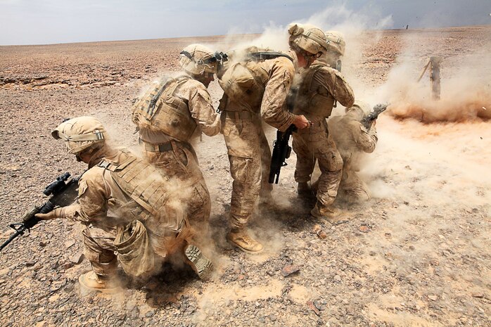 JABEL PETRA, Jordan - Combat engineers and assaultmen with Battalion Landing Team 1st Battalion, 2nd Marine Regiment, 24th Marine Expeditionary Unit detonate an improvised linear charge during basic demolition-sustainment training here, May 9, 2012, in preparation for Exercise Eager Lion 12, the largest annual exercise in the Central Command area of operations. More than 1,000 Marines and Sailors from the 24th MEU are scheduled to participate in various events ashore throughout Jordan to maximize multi-lateral training opportunities and continue to build relationships with partners throughout the region.  Eager Lion 12 is the second major exercise for the 24th MEU and Iwo Jima Amphibious Ready Group after deploying in March to serve as a forward-deployed crisis response force. (Official Marine Corps Photo by Sgt. Richard Blumenstein)