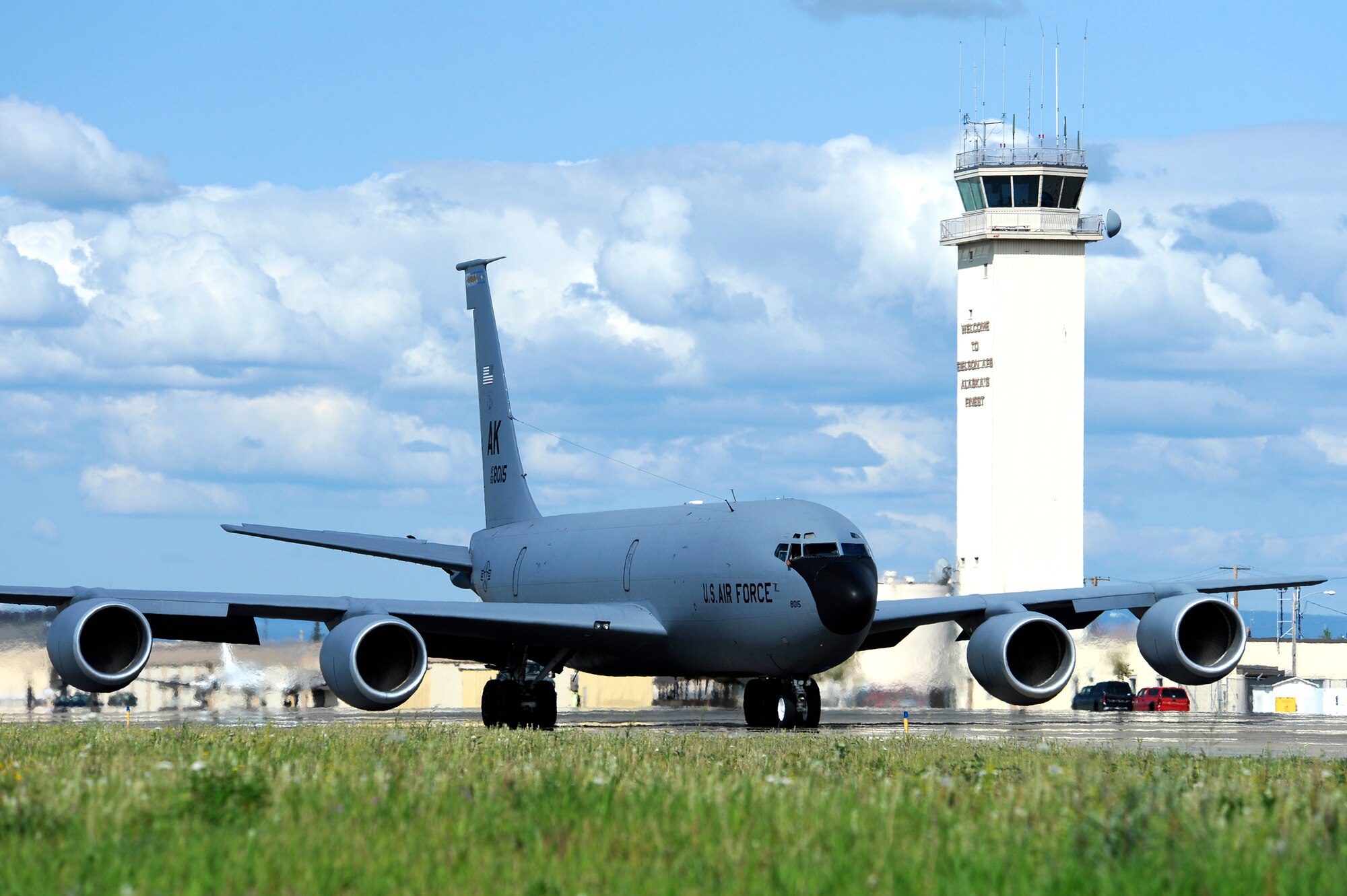 A KC-135 Stratotanker assigned to the168th Air Refueling Wing taxis down the runway during RED FLAG-Alaska 12-3 Aug. 6, 2012, Eielson Air Force Base, Alaska. The KC-135 provides aerial refueling support to Air Force, Navy and Marine Corps aircraft as well as aircraft of allied nations. (U.S. Air Force photo/Staff Sgt. Jim Araos)