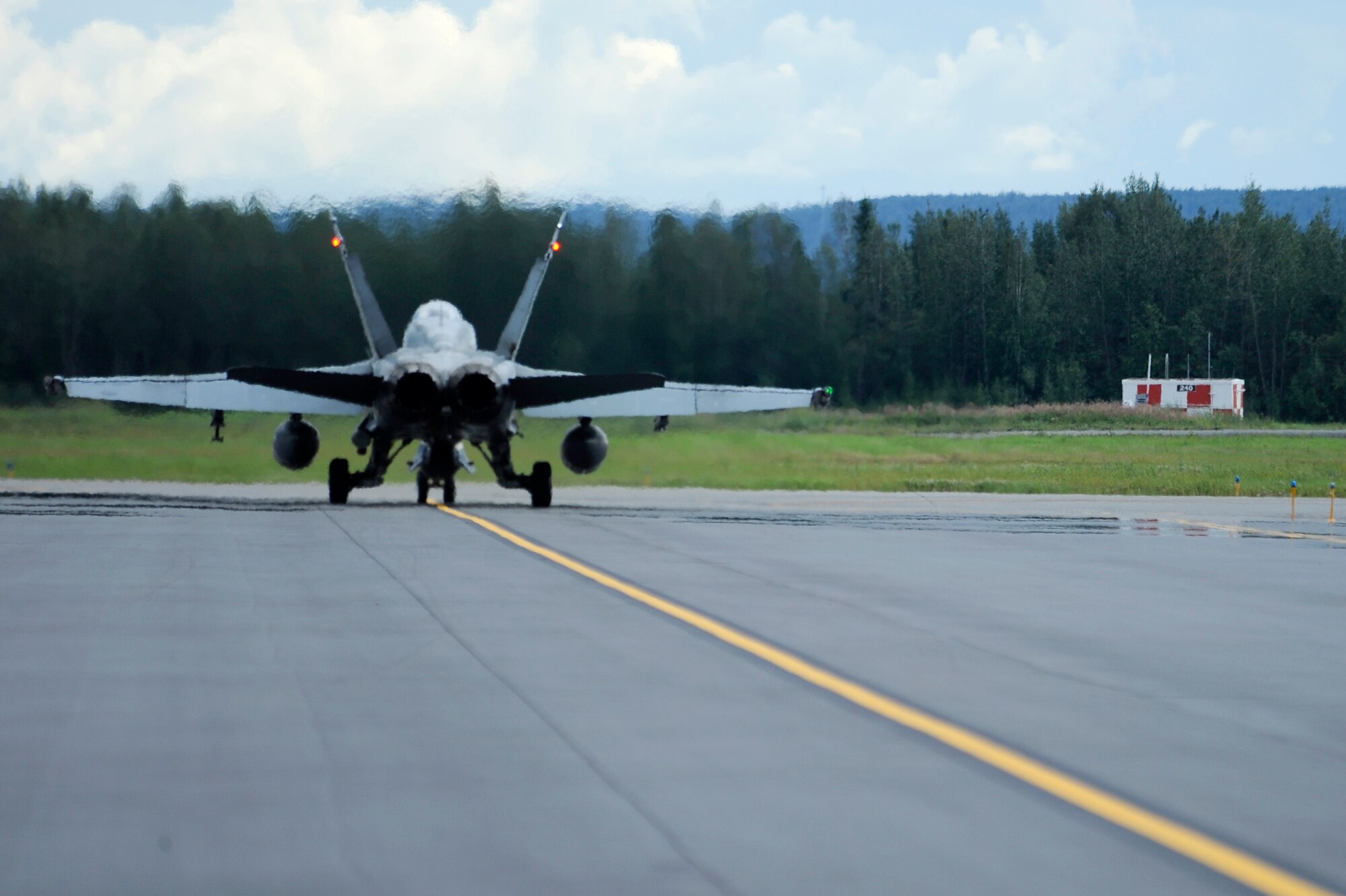 A U.S. Navy EA-18G Growler assigned to the Electronic Attack Squadron 138th from Naval Air Station Whidbey Island, Wash. taxis down the runway during RED FLAG-Alaska 12-3 Aug. 6, 2012, Eielson Air Force Base, Alaska. (U.S. Air Force photo/Staff Sgt. Jim Araos)