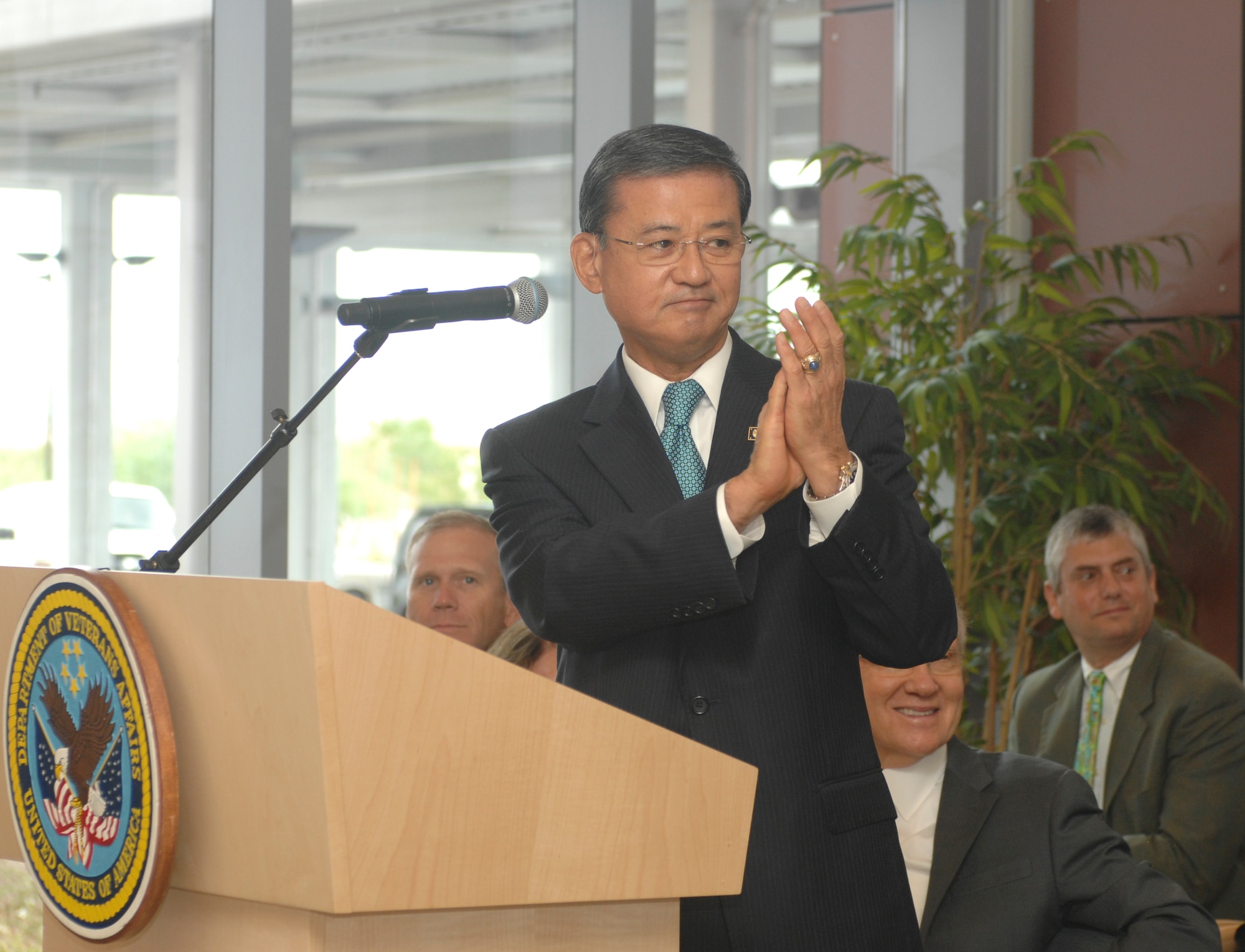 Secretary of Veterans Affairs Eric K. Shinseki thanks veterans during the dedication of the North Las Vegas VA Medical Center Aug. 6, 2012 in North Las Vegas, Nev.The medical center is the first new VA medical center built in the United States in 17 years and the first ever built in southern Nevada. (U.S. Air Force photo by Master Sgt. David Miller)