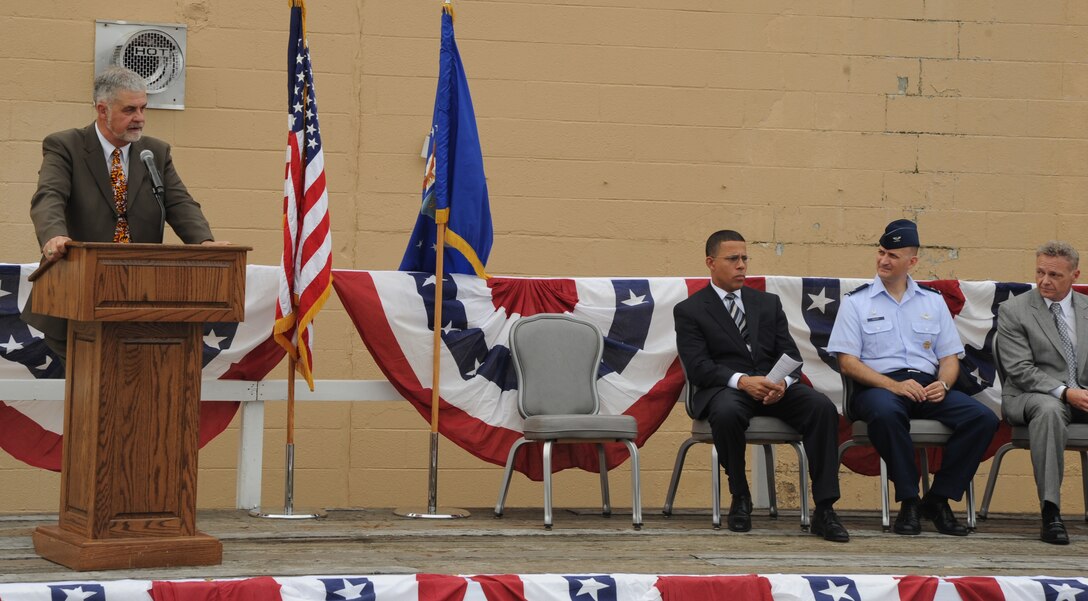 Frederick Puente, Blind Industries and Services of Maryland president, gives a speech during the grand opening ceremony of the Andrews Base Supply Center at Joint Base Andrews, Md. on August 7, 2012. The Base Supply Center is owned and operated by Blind Industries and Services of Maryland. (U.S. Air Force photo/ Staff Sgt. Keyonna Fennell)