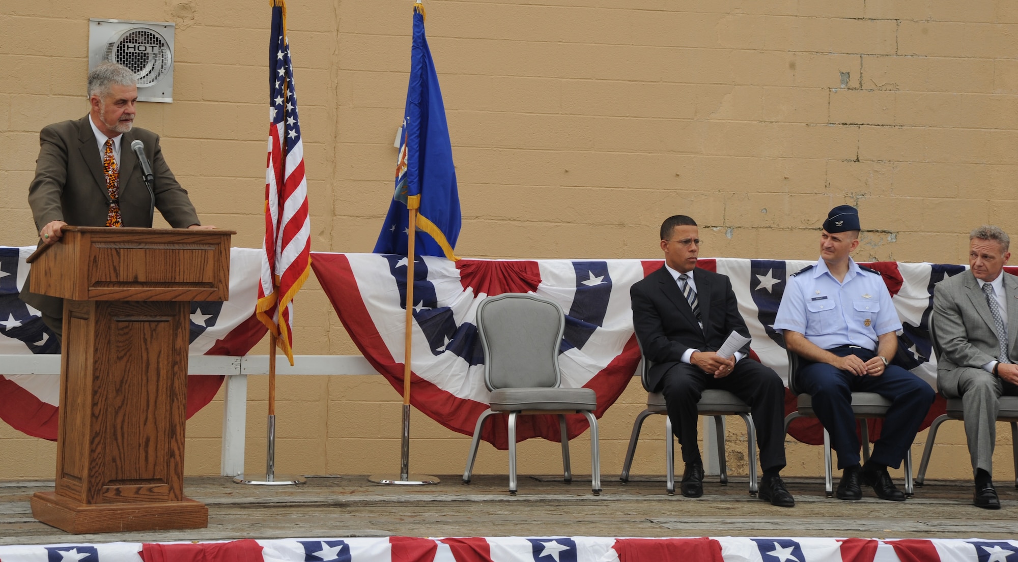 Frederick Puente, Blind Industries and Services of Maryland president, gives a speech during the grand opening ceremony of the Andrews Base Supply Center at Joint Base Andrews, Md. on August 7, 2012. The Base Supply Center is owned and operated by Blind Industries and Services of Maryland. (U.S. Air Force photo/ Staff Sgt. Keyonna Fennell)