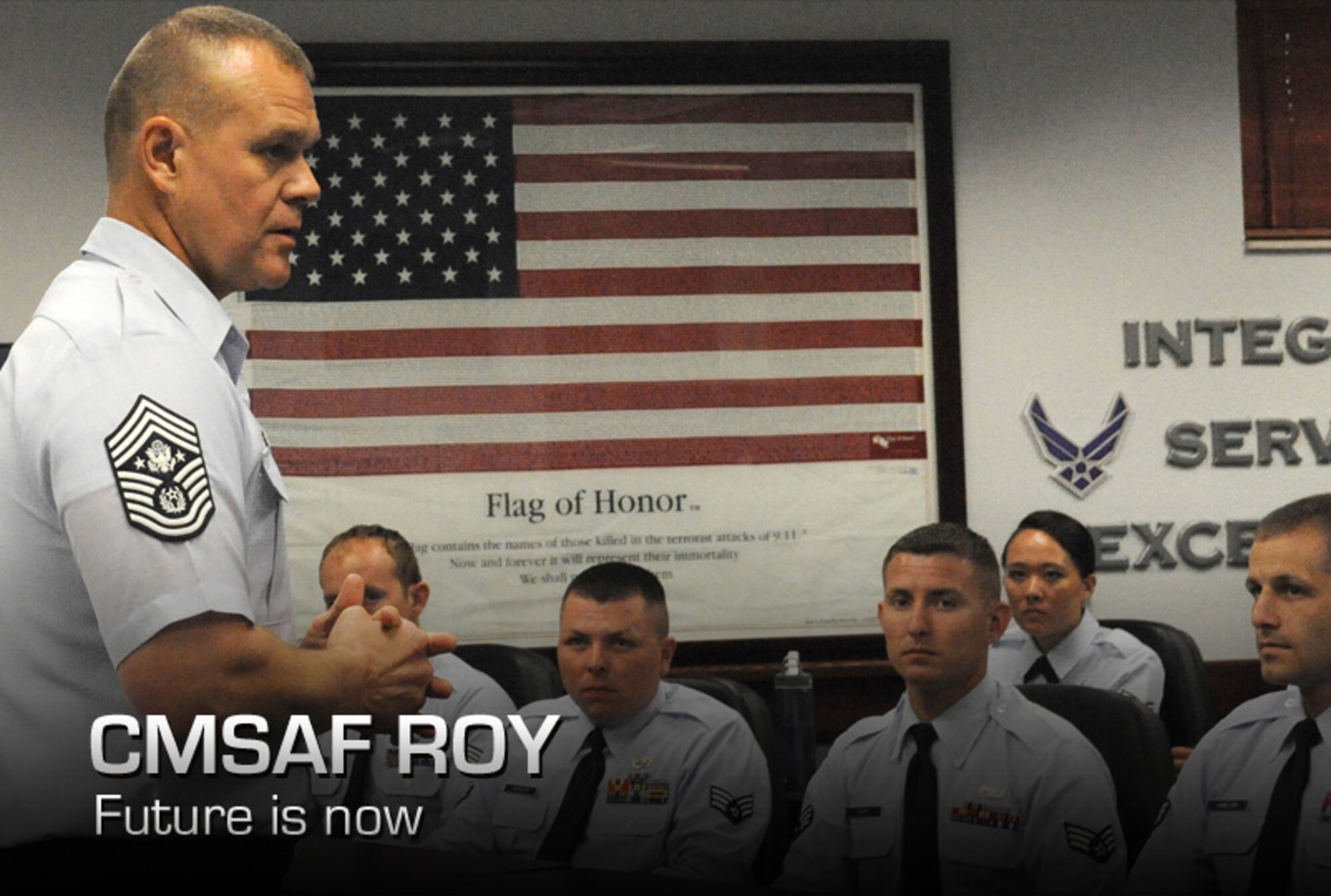 Chief Master Sgt. of the Air Force James A. Roy speaks to Airmen Leadership School students July 30, 2012, at Scott Air Force Base, Ill. Roy told the Airmen how important the transition is to becoming a leader in today's Air Force. (U.S. Air Force photo/Airman 1st Class Jaeda Waffer) 
