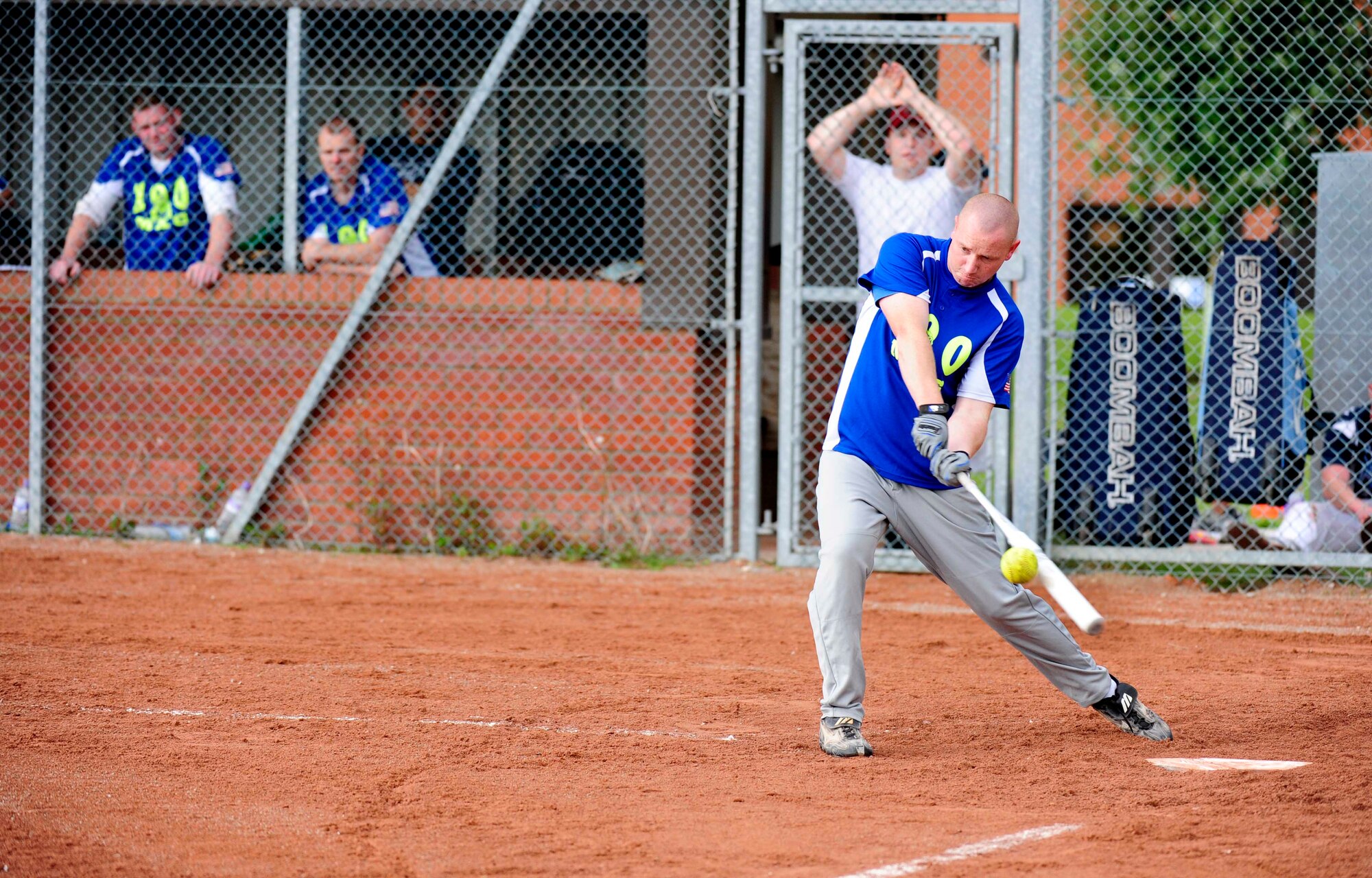 RAF MILDENHALL, England –Daniel Lindensmith, 100th Mission Support Group, bats during an intramural softball game against the 100th Aircraft Maintenance Squadron at RAF Mildenhall Aug. 7, 2012. The intramural softball league began May 9 and is composed of teams from various squadrons and groups on base. (U.S. Air Force photo/Senior Airman Ethan Morgan)