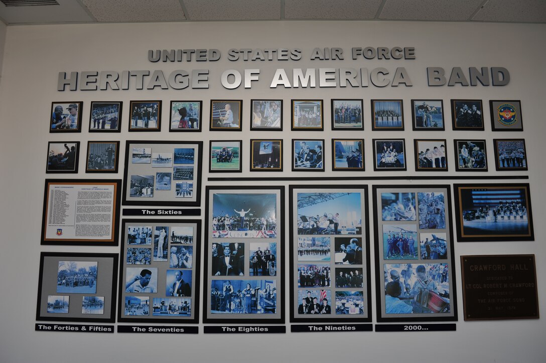 The U.S. Air Force Heritage of America Band mural, located at Crawford Hall, Langley Air Force Base, Va., shows various photos of the evolution of the band from its founding in 1941, to its current incarnation at Langley. The band is one of the original Army Air Corps bands, created by order of the Secretary of War on Oct. 1, 1941. (U.S. Air Force photo by Airman 1st Class R. Alex Durbin/Released)