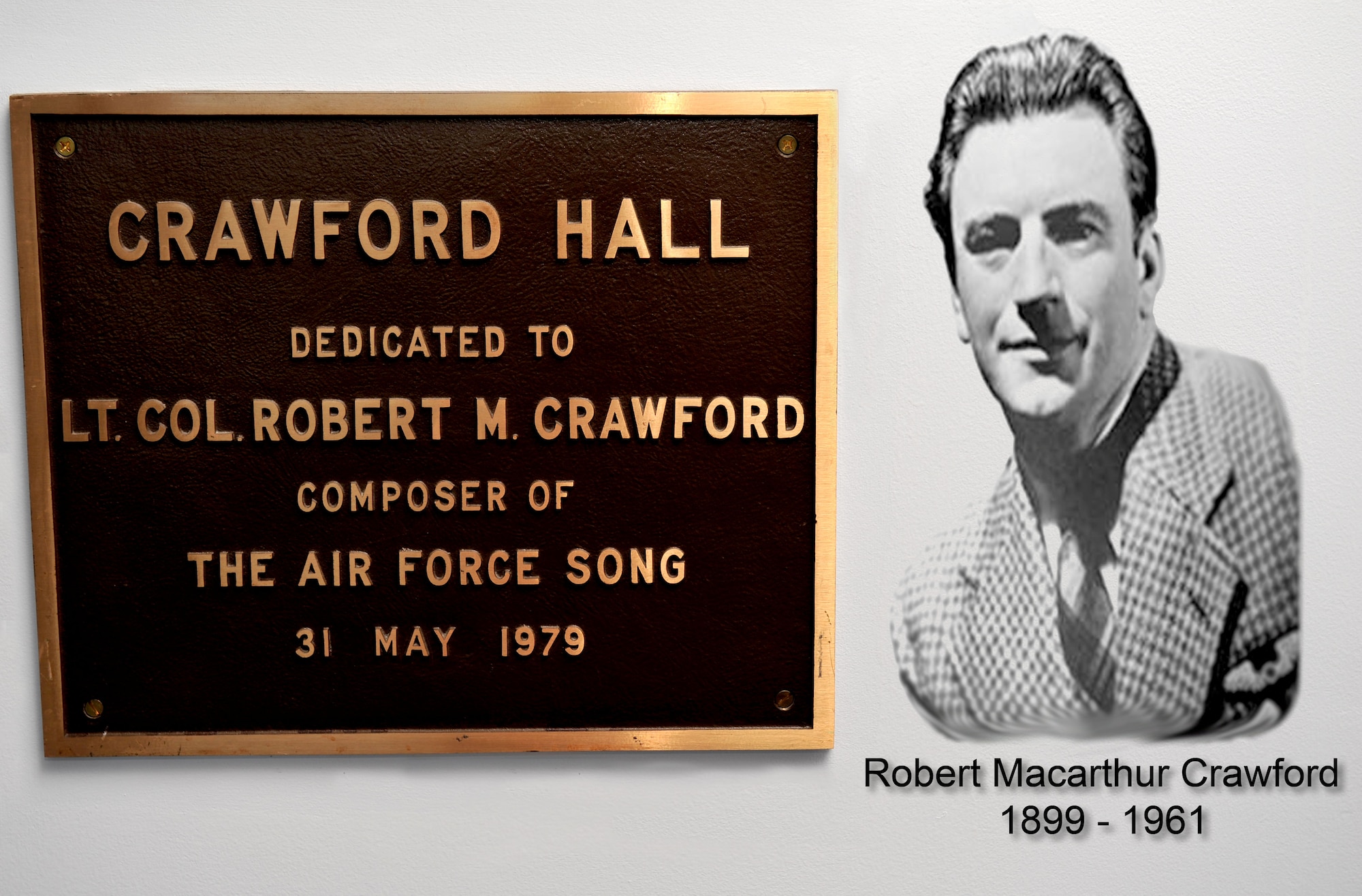Crawford Hall was dedicated to Robert Crawford in May 1979. From a young age, Crawford’s life was intertwined with the military, and he eventually flew for Air Transport Command of the U.S. Army Air Forces during World War II. (U.S. Air Force graphic by Airman 1st Class R. Alex Durbin/Released)
