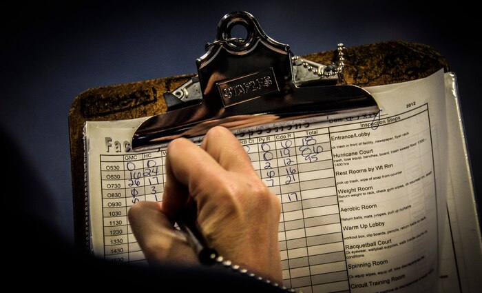 Staff Sgt. Lacy Kelley, 628th Force Support Squadron Fitness and Sports Center training manager, takes accountability of personnel Aug. 6, 2012, at Joint Base Charleston – Air Base Fitness and Sports Center, S.C. A member from the Fitness and Sports Center will take accountability of all the customers, check fitness equipment and the facilities each hour. (U.S. Air Force photo by Senior Airman Anthony Hyatt)