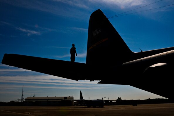 Airman 1st Class Alex Garrett, 911th Maintenance Squadron structural maintenance technician, performs a post-flight inspection on a C-130 Hercules here, Aug. 2, 2012. During normal post-flight inspections, structural maintenance technicians check for discrepancies such as cracks and normal wear and tear. However, during this inspection Airman Garrett was searching for possible damage caused by a bird striking the aircraft during a training flight. (U.S. Air Force photo by Senior Airman Joshua J. Seybert/Released)