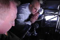 Mr. Chris Cannon, military liaison for Sen. Kay Hagan, talks with Chief Tony Parrish in the back of a KC-135R Stratotanker on Aug. 6, 2012. (USAF photo by SSgt. Terrica Jones, 916ARW/PA)