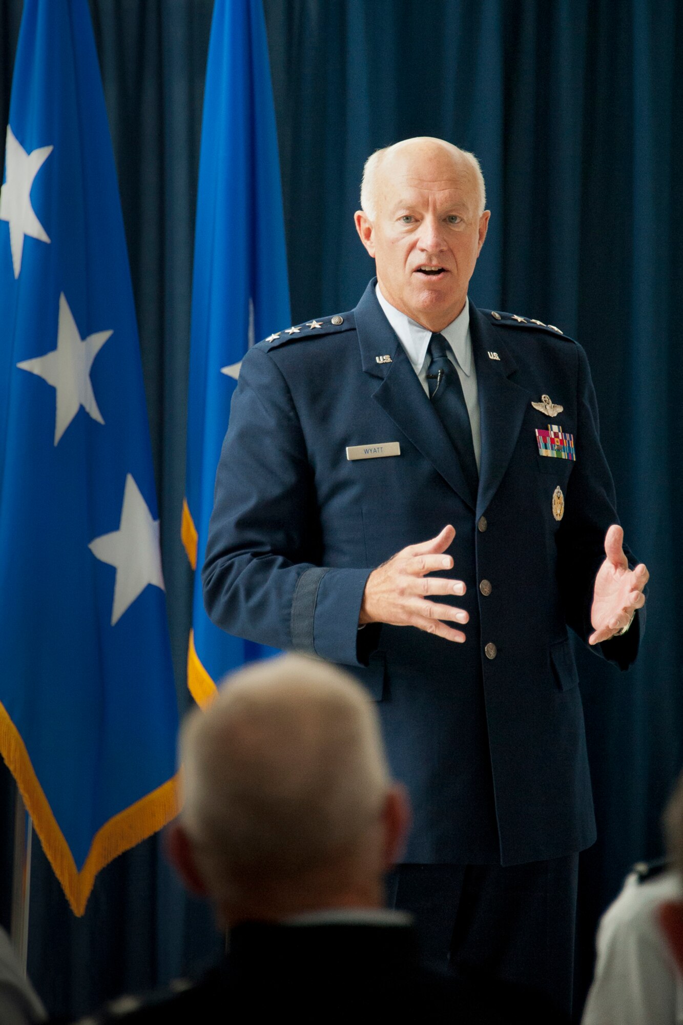 Lt. Gen. Harry M. Wyatt III, the director of the ANG, addresses attendees during Brig. Gen. R. Scott Williams, the commander of the Air National Guard Readiness Center, assumption of command ceremony Aug. 7, 2012, at the ANGRC, Joint Base Andrews, Md. The ANGRC ensures ANG field units are properly resourced to train and equip in support of the state and federal missions across the entire spectrum of military operations and provide support sustaining ANG Airmen throughout their careers. (National Guard photo by Master Sgt. Marvin Preston/RELEASED)