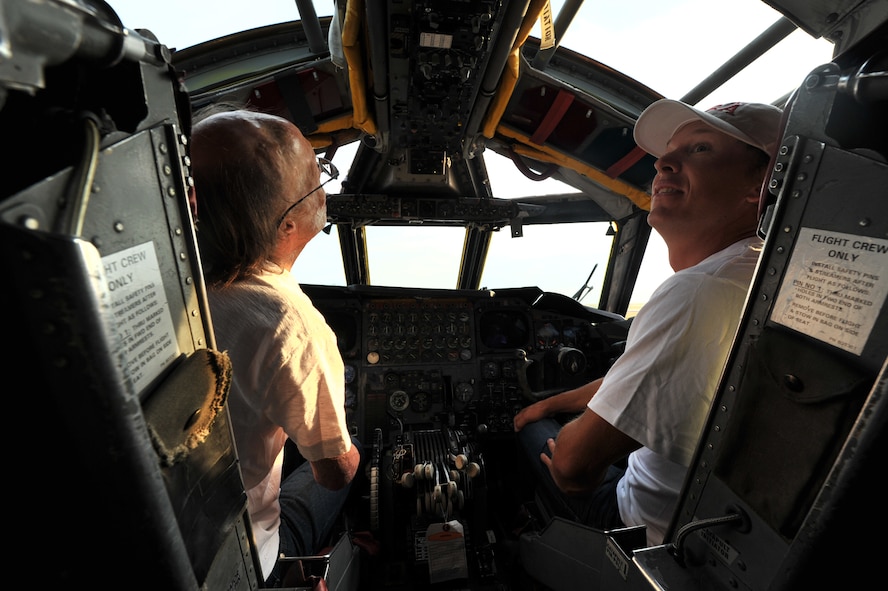 MINOT AIR FORCE BASE, N.D. -- Renowned jazz drummer, Dan Caro, and 5-time Olympian, Todd Lodwick, tour the inside of a B-52H Stratofortress here Aug. 7, as part of Air Force Global Strike Command's American300 Tour: Fire and Ice. (U.S. Air Force photo/Senior Airman Brittany Y. A