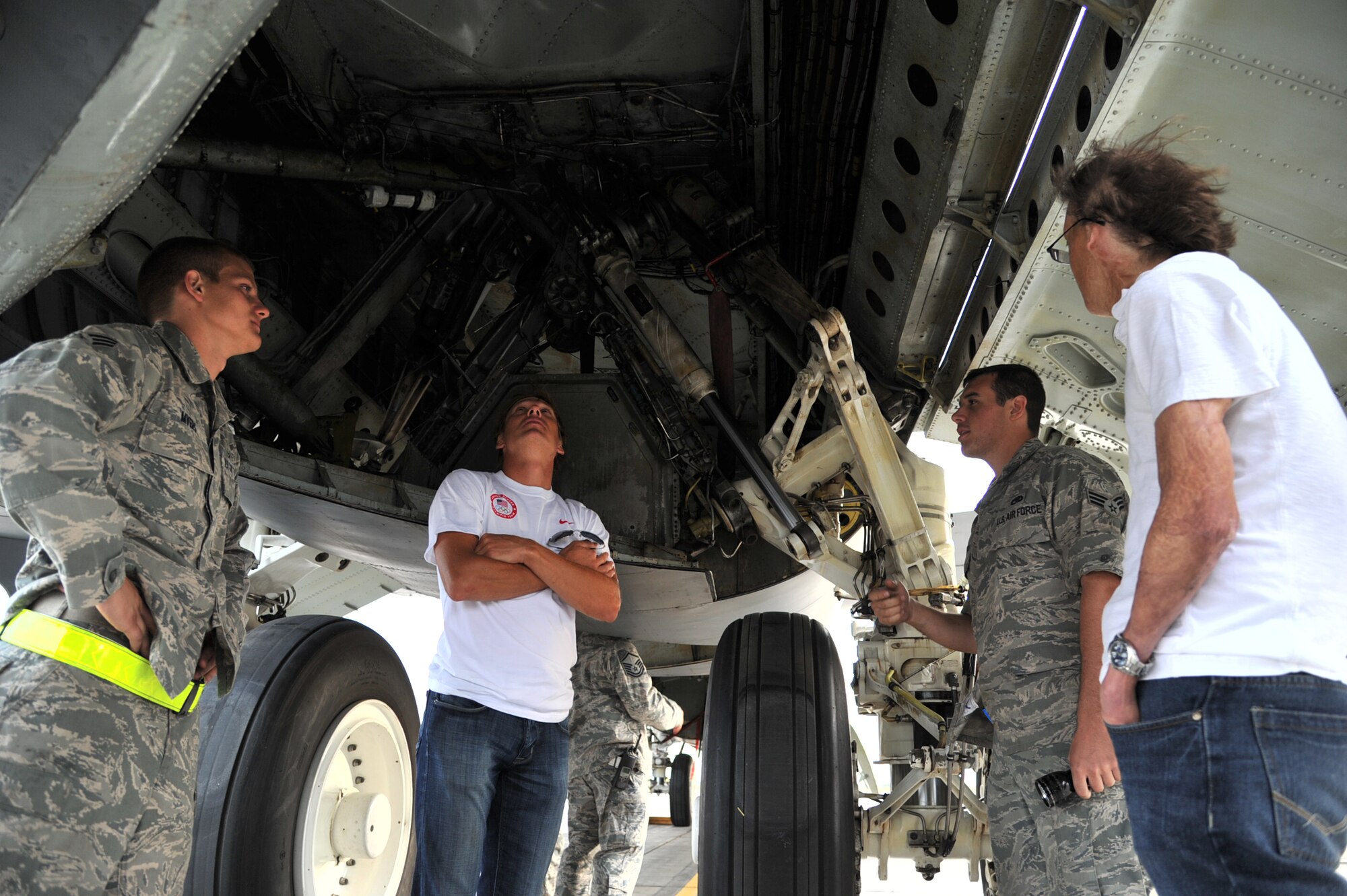 MINOT AIR FORCE BASE, N.D. -- Renowned jazz drummer, Dan Caro, and 5-time Olympian, Todd Lodwick, meet with B-52H Stratofortress crew members here, as part of Air Force Global Strike Command's American300 Tour: Fire and Ice. (U.S. Air Force photo/Senior Airman Brittany Y. Auld) 