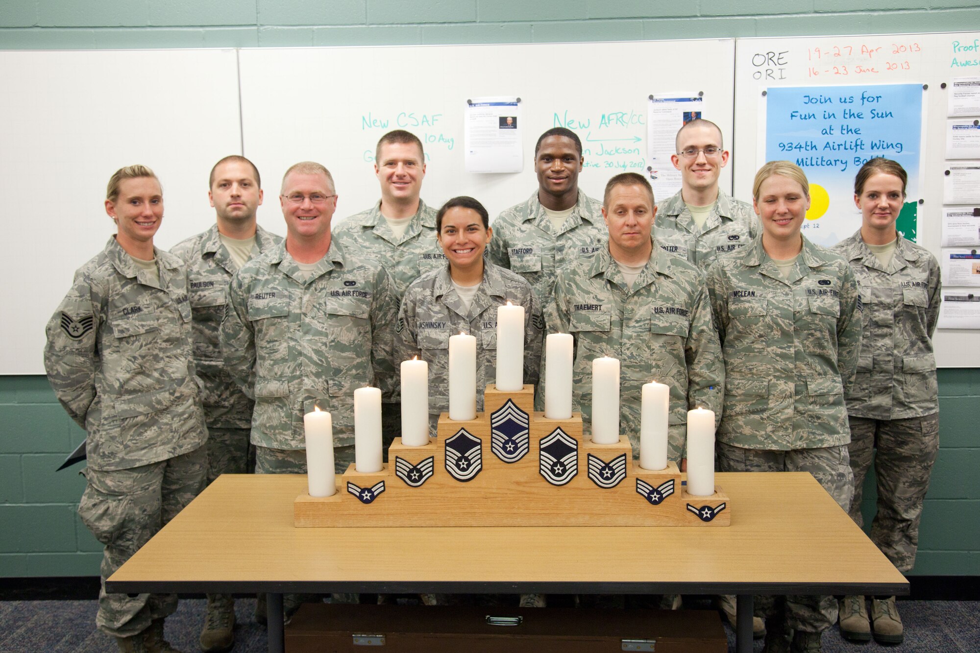 The newest 934th Airlift Wing Staff Sergeants after the Non-Commissioned Officer recognition ceremony at Minneapolis-St. Paul Air Reserve Station, Minn.  (U.S. Air Force Photo/Shannon McKay)