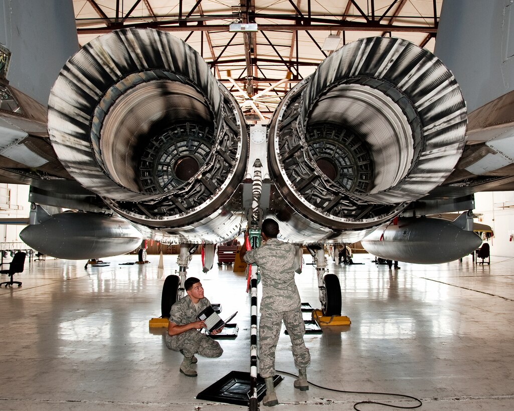 Airman Dalvin Troublefield is performing the task of removal and installation of the tail hook damper on the F-15 aircraft, while Airman Jonathan Sanchez reads off step by step instruction from their laptop computer. They are part of the 362nd Training Squadron’s Fighter, A-10 Mission Ready Airmen Course. (US Air Force Photo by Frank Carter) 