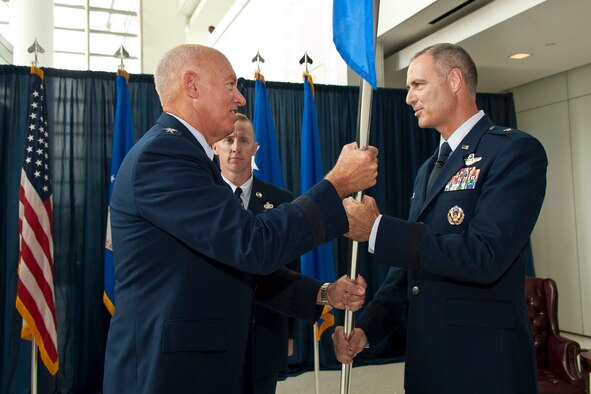 Brig. Gen. R. Scott Williams, the commander of the Air National Guard Readiness Center, assumes command of the ANGRC from Lt. Gen. Harry M. Wyatt III, the director of the ANG, during an assumtion of command ceremony Aug. 7, 2012, at the ANGRC, Joint Base Andrews, Md. The ANGRC ensures ANG field units are properly resourced to train and equip in support of the state and federal missions across the entire spectrum of militry operations and provide support sustaininbg ANG Airmen 