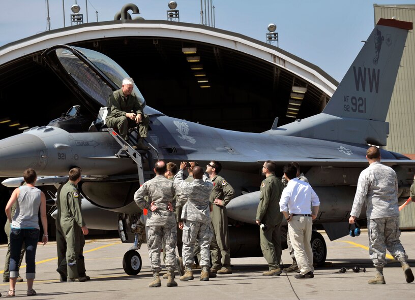 U.S. Air Force Col. Al Wimmer, 35th Fighter Wing vice commander, is greeted by members of the 35 FW as he disembarks an F-16 Fighting Falcon after completing his final flight at Misawa Air Base, Japan, Aug. 8, 2012.  Col. Wimmer is an experienced pilot with approximately 3,000 flight hours, following his assignment here, he will be stationed at Tyndall Air Force Base, Fla. (U.S. Air Force photo by Staff Sgt. Nathan Lipscomb/Released)