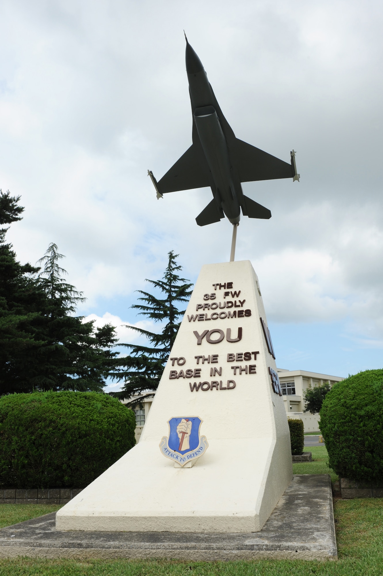 A welcome display sits at the main gate of Misawa Air Base, Japan, Aug. 8, 2012. The display proudly greets people as they enter the installation. (U.S. Air Force photo by Airman 1st Class Kia Atkins/Released)