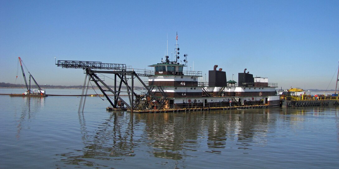 The Dredge Pullen works in the Delaware River during the first contract of the Main Channel Deepening project. The 102 mile project deepens the federal channel from 40 to 45 feet. 