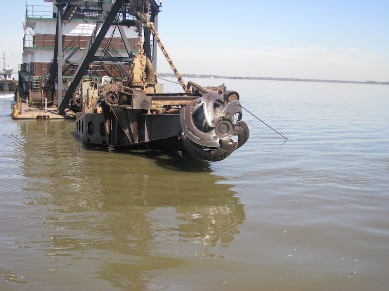 The cutterhead of the Dredge Pullen during the first contract of the Delaware River Main Channel Deepening project. The 102 mile project deepens the federal channel from 40 to 45 feet.
