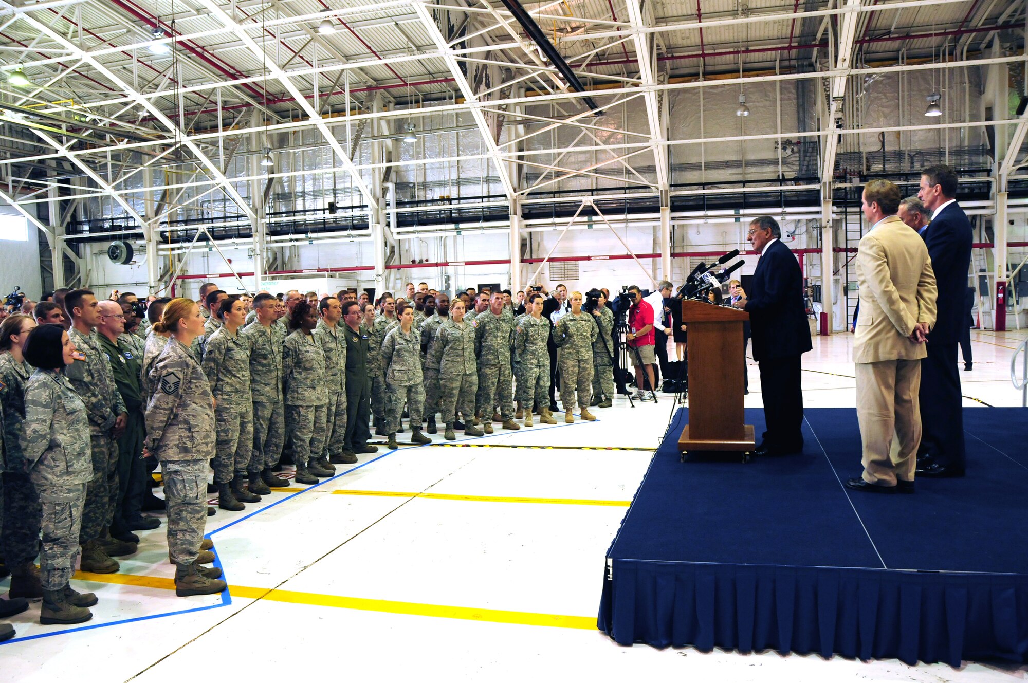 Secretary of Defense Leon E. Panetta talks to the men and women of the Niagara Falls Air Reserve Station August 9, 2012.  Secretary Panetta thanked those in attendance, military and civilian, for their service.  (U.S. Air Force Photo/Senior Master Sgt. Ray Lloyd)