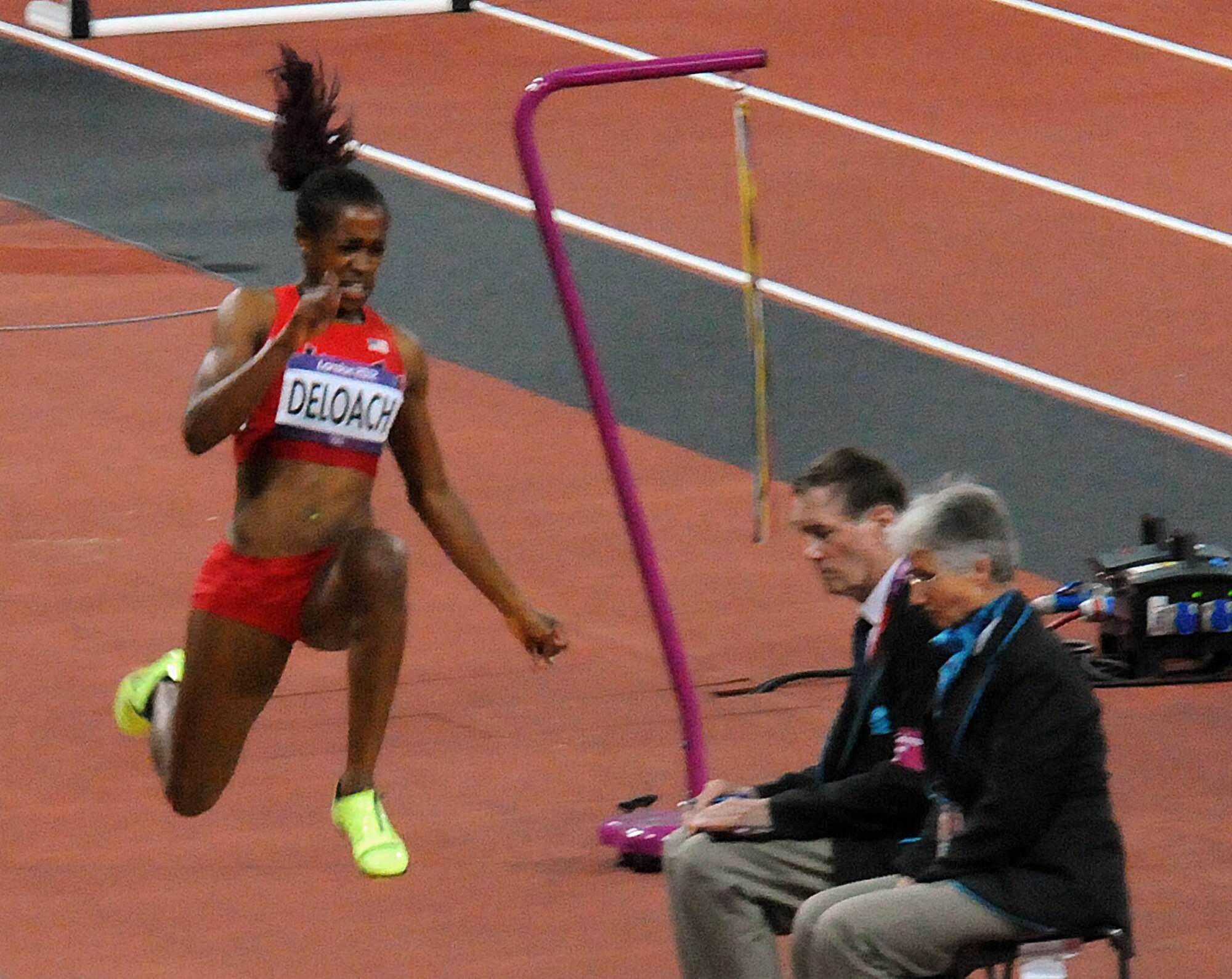Janay DeLoach prepares to make her third long jump Wednesday evening at Olympic Stadium in London. She finished the night with a bronze medal in the event. (Photo by Gary Sheftick)