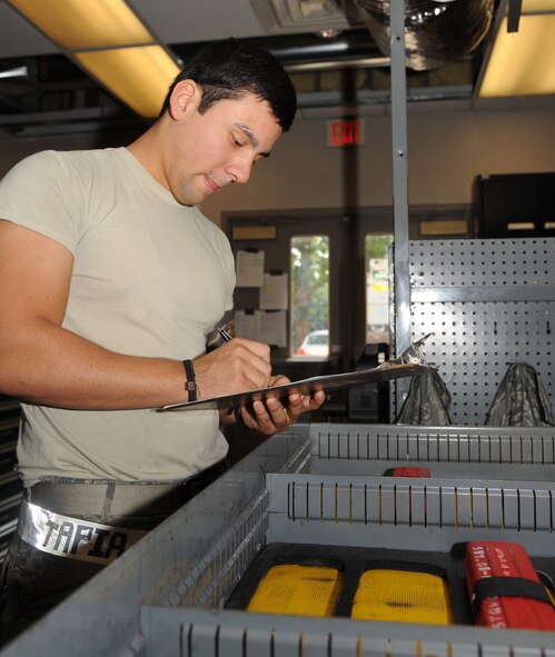 Senior Airman Francisco Tapia, 2nd Aircraft Maintenance Squadron support section, inventories torque wrenches on Barksdale Air Force Base, La., Aug. 8. The 2 AMXS support section maintains 24-hour coverage and consists of three shifts that each work nine-hour days. When a new shift comes in, they take inventory of all the equipment as it is returned. (U.S. Air Force photo/Airman 1st Class Benjamin Gonsier)(RELEASED)