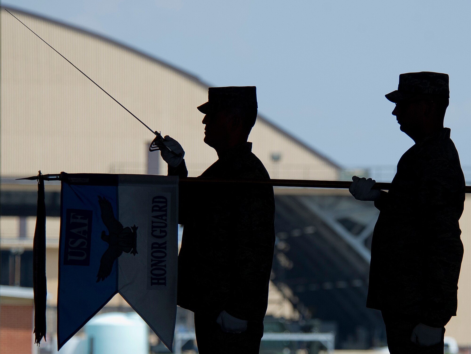 U.S. Air Force Honor Guard ceremonial guardsmen practice on Aug. 9, 2012, for the Air Force Chief of Staff transition ceremony. During the ceremony, Gen. Norton Schwartz will retire from active duty and pass on the duty of Air Force Chief of Staff to Gen. Mark A. Welsh III. The transition ceremony will begin at 10:30 a.m. in Hangar 3 on Joint Base Andrews, Md. (U.S. Air Force Photo/ Senior Airman Perry Aston)