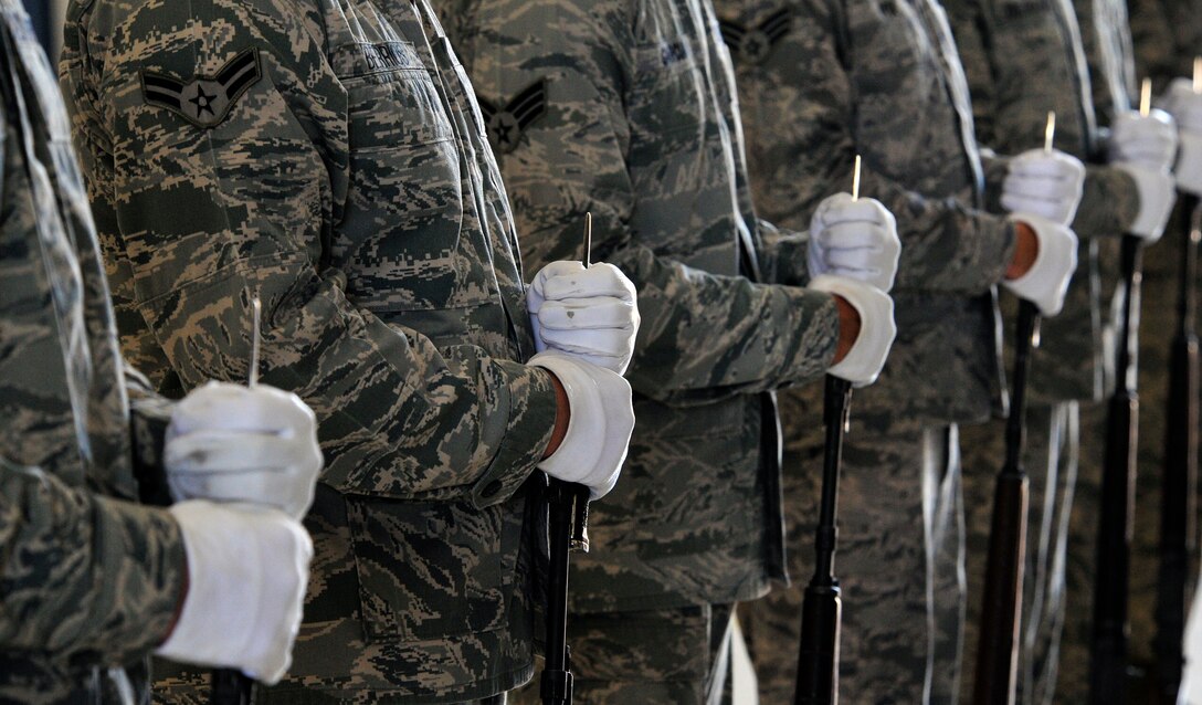 The U.S. Air Force Honor Guard practices on Aug. 9, 2012, for the Air Force Chief of Staff transition ceremony. During the ceremony, Gen. Norton Schwartz will retire from active duty and pass on the duty of Air Force Chief of Staff to Gen. Mark A. Welsh III. The transition ceremony will begin at 10:30 a.m. on Aug. 10 in Hangar 3 on Joint Base Andrews, Md. (U.S. Air Force Photo by Senior Airman Perry Aston)