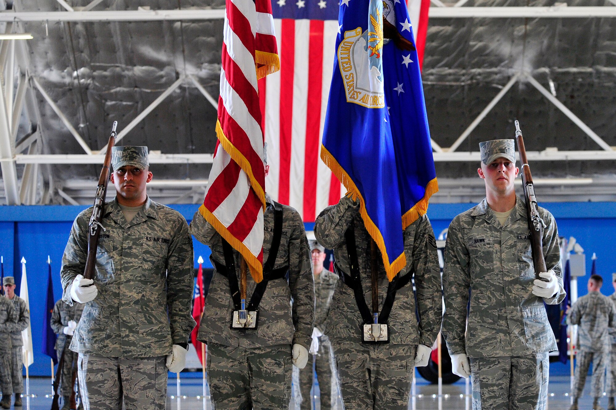 The U.S. Air Force Honor Guard practices on Aug. 9, 2012, for the Air Force Chief of Staff transition ceremony. During the ceremony, Gen. Norton Schwartz will retire from active duty and pass on the duty of Air Force Chief of Staff to Gen. Mark A. Welsh III. The transition ceremony will begin at 10:30 a.m. on Aug. 10 in Hangar 3 on Joint Base Andrews, Md. (U.S. Air Force Photo/ Senior Airman Perry Aston)