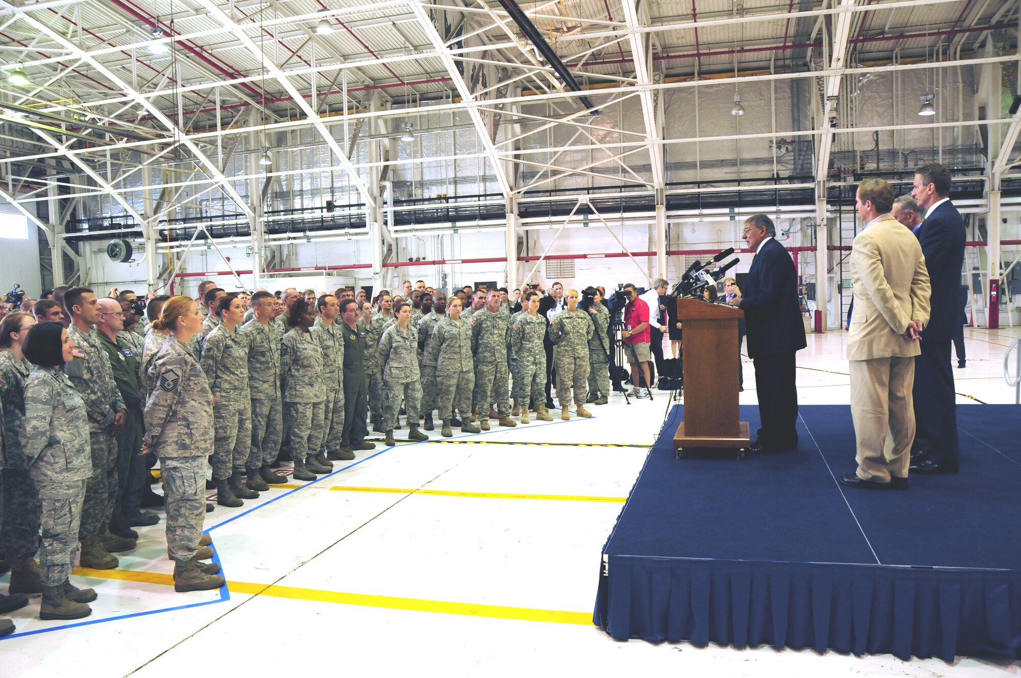 The Secretary of Defense Honorable Leon E. Panetta visits the Niagara Falls Reserve Station on Aug. 9, 2012. He thanked the Guard and Reserve Airmen, Soldiers and civilian employees for their service. (U.S. Air Force Photo/Senior Master Sgt. Ray Lloyd)