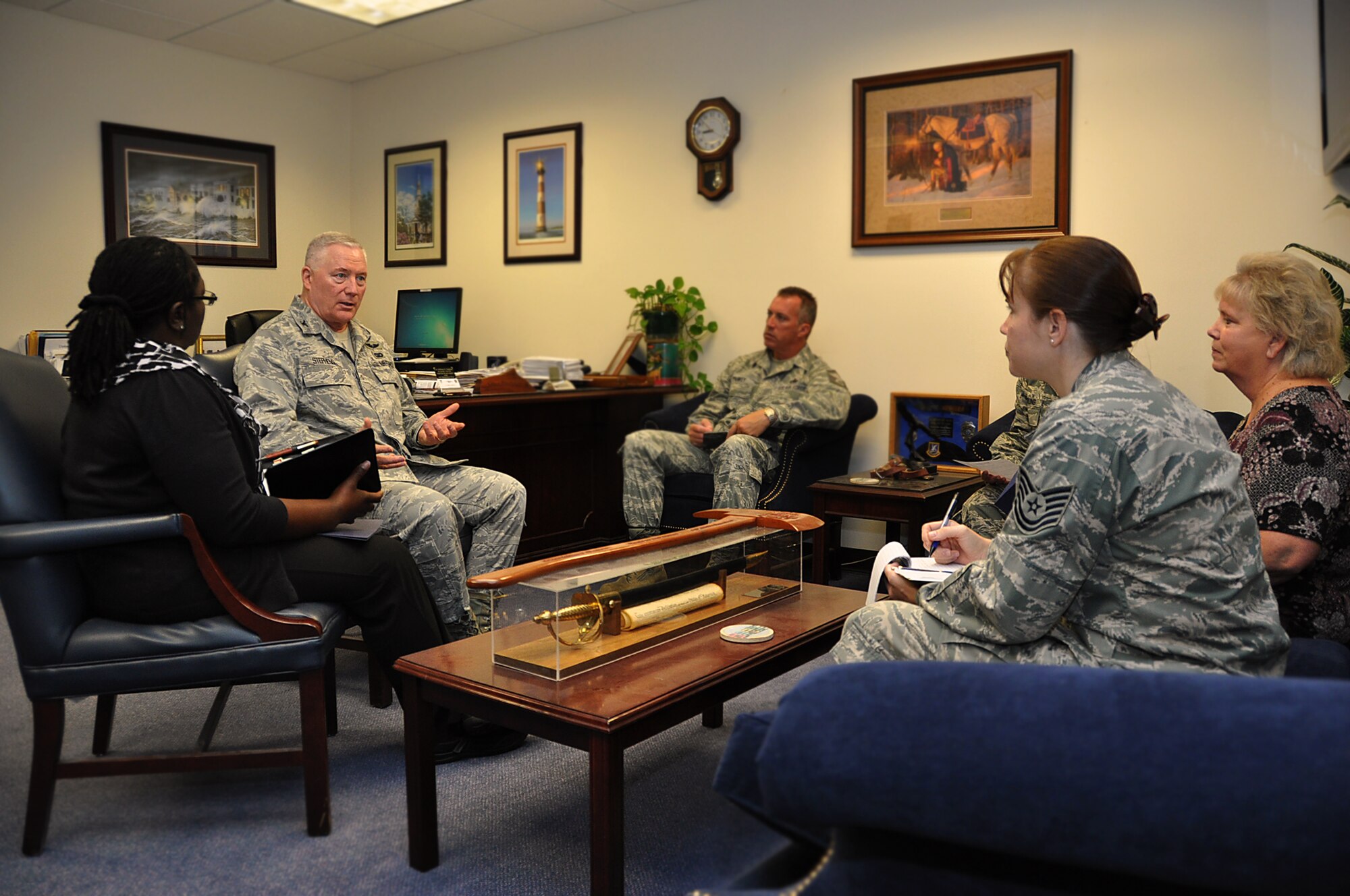 Col. William Stephens, commander of the 315th Mission Support Group at Joint Base Charleston, S.C., talks to MSG and protocol personnel about an Air Force Reserve Command chaplain candidates visit Aug. 8, 2012. (U.S. Air Force photo/Michael Dukes)
