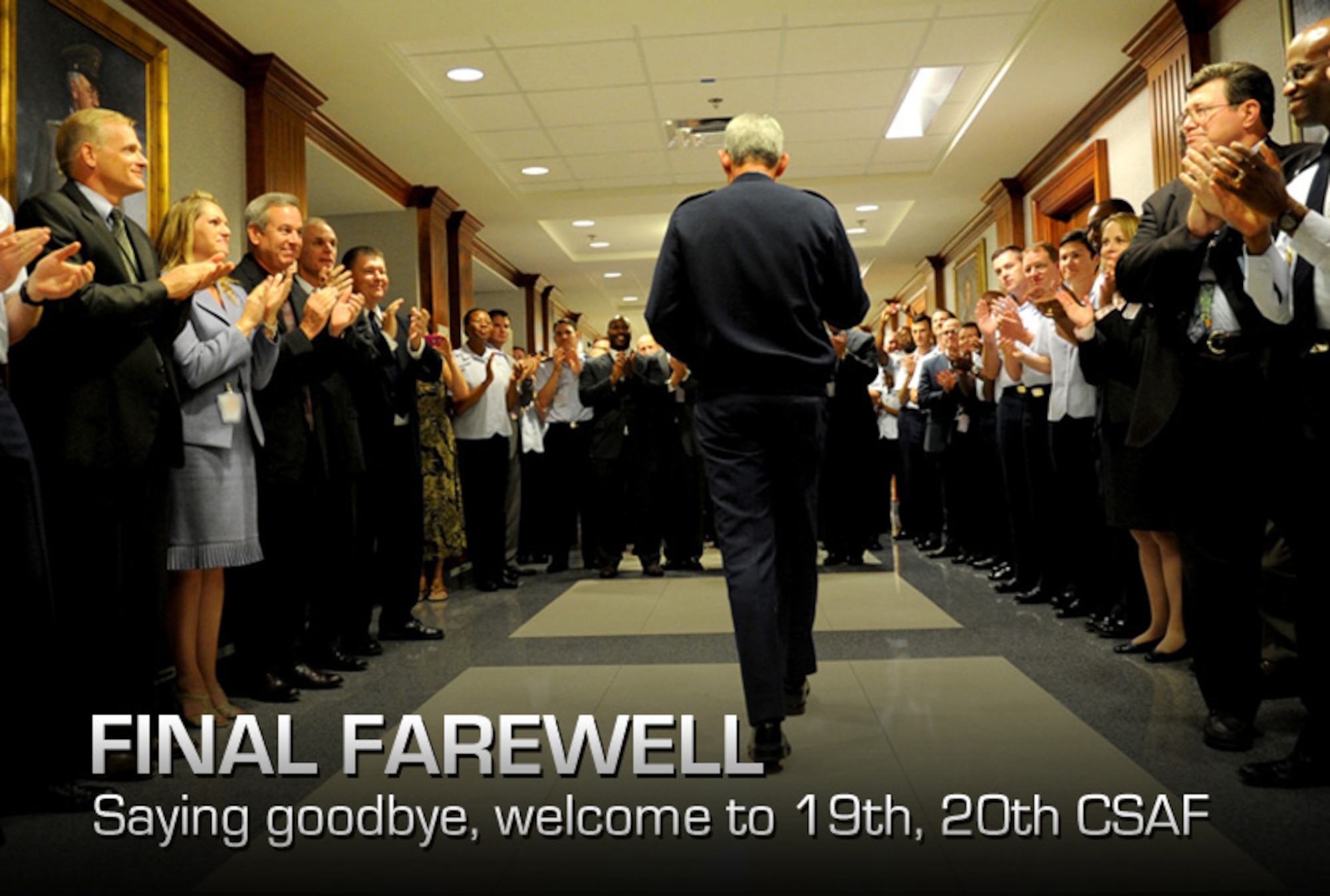 Gen. Norton Schwartz was surprised with applause from hundreds of Airmen lining the Pentagon hallway, Aug. 8, 2012, as he departed the building for the final time as the Air Force Chief of Staff. Schwartz will retire in a ceremony Friday, after serving 39 years in the Air Force, the last four years as the Air Force's senior uniformed leader. (U.S. Air Force photo by
Master Sgt. Cecilio Ricardo)
