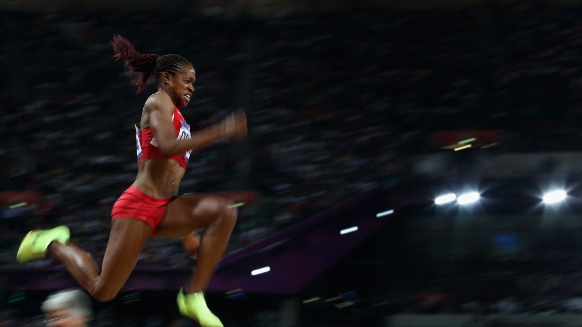 Janay Deloach of the United States competing in the women's Long Jump final on Day 12 of the London 2012 Olympic Games at the Olympic Stadium Aug. 8.  Deloach was awarded the bronze medal for her jump of 6.89 meters. (Photo from www.london2012.com)
