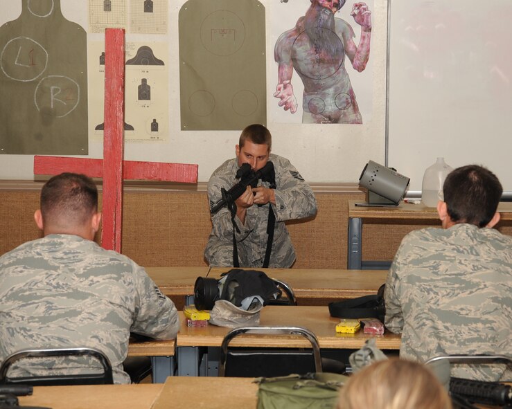 Staff Sgt. Nick Niles, 2nd Security Forces Squadron Combat Arms instructor, instructs a class on how to properly hold an M-4 during Rifle/Carbine Air Force Qualification Course at Barksdale Air Force Base, La., Aug. 8. The Air Force recently re-vamped the course of fire and increased the amount of classroom time and rounds fire needed to qualify on the M-16 and M-4 rifles. (U.S. Air Force photo/Senior Airman Sean Martin) (RELEASED)