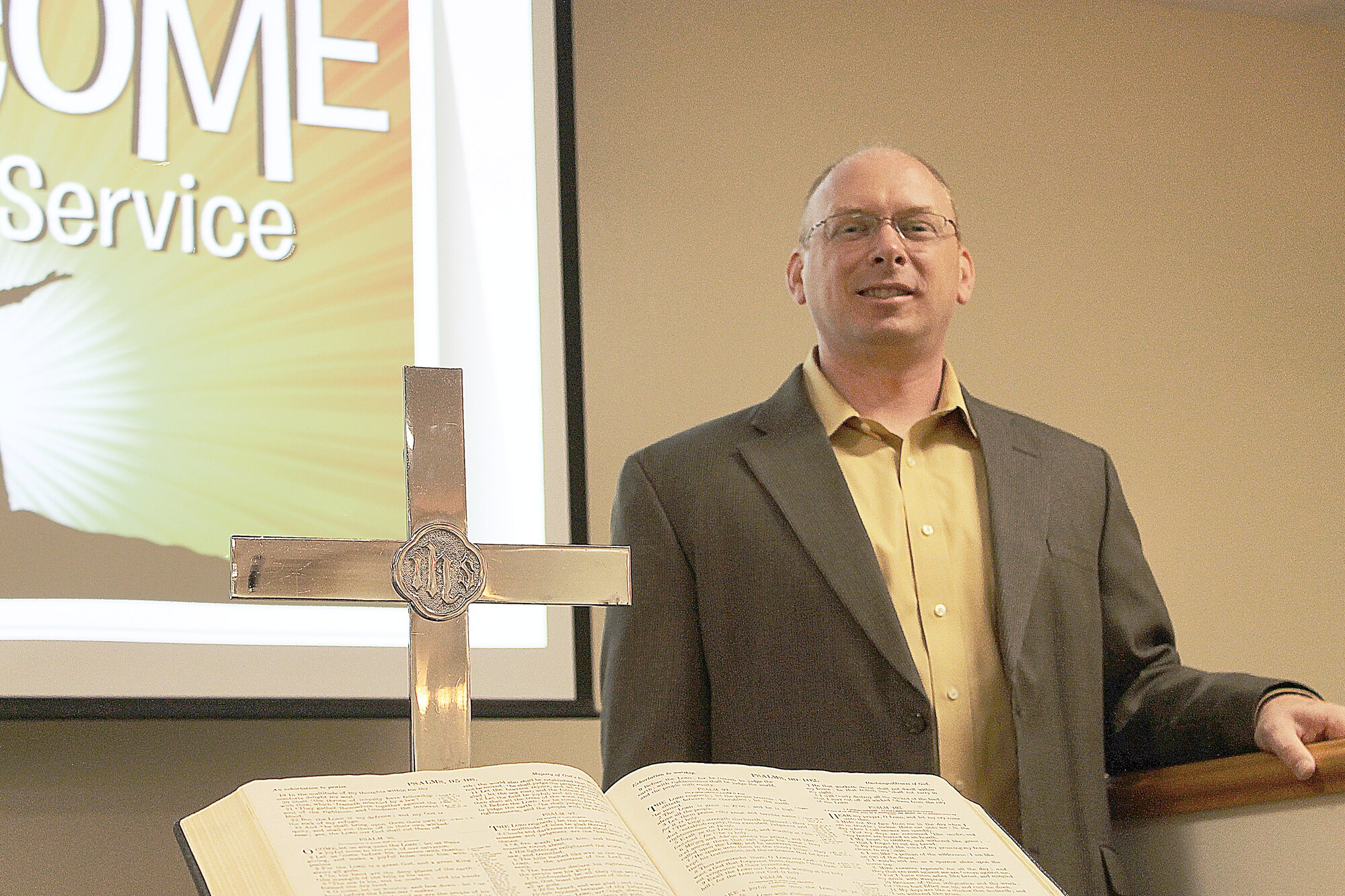 Chaplain Capt Ryan Ayers delivers the first weekly Sunday Morning Worship Service in over 20 years at Homestead Air Reserve Base, July 22. The last weekly chapel service was held the Sunday before Hurricane Andrew leveled the base in 1992. (Courtesy photo)