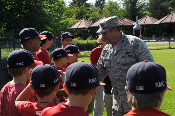 Gen. Philip M. Breedlove, U.S. Air Forces in Europe commander, greets athletes from the KMC all stars before practice at Donnelly Park on Ramstein Air Base, Aug. 7, 2011. For the third time in four years, the KMC all stars advanced to the Little League World Series beginning Aug. 16 in Williamsport, Penn. (U.S. Air force photo/ Senior Airman Aaron-Forrest Wainwright)