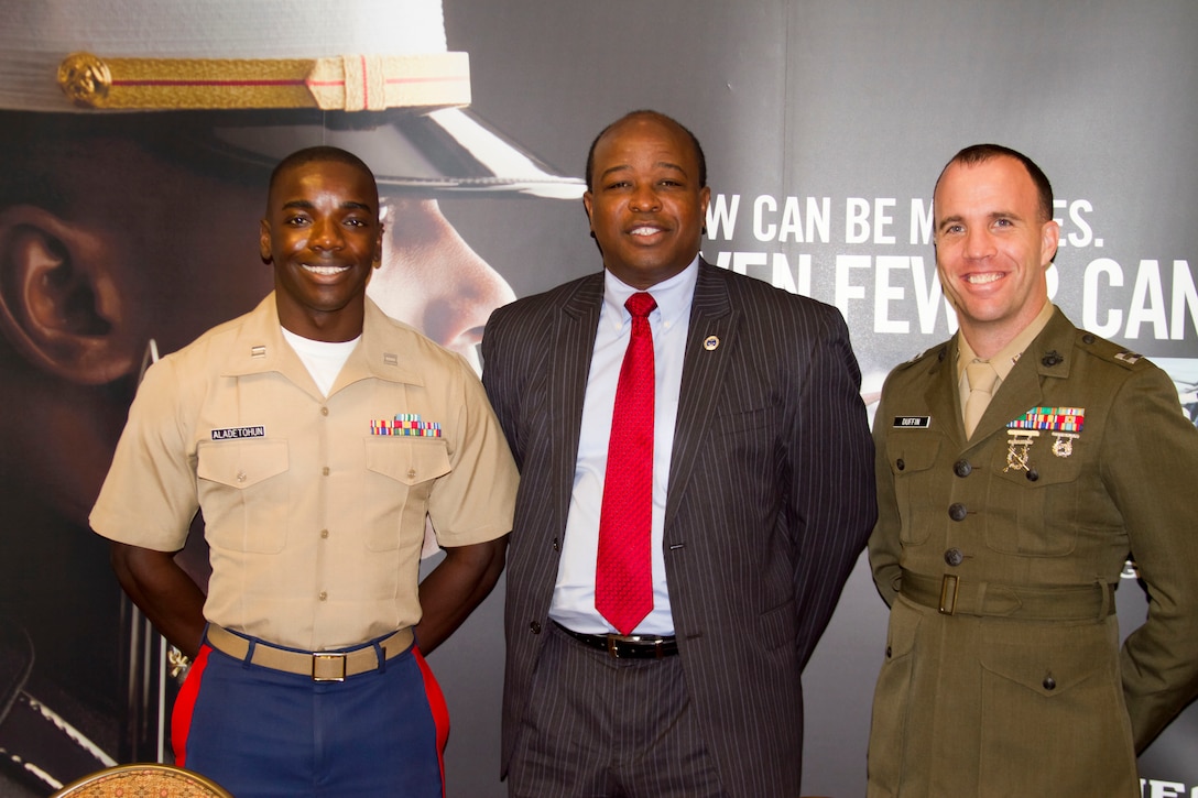 Otis Bruce Jr., a deputy district attorney for Marin County, Calif. poses for a picture with Capt. Adesina Aladetohun, officer selection officer, Recruiting Station Baton Rouge and Capt. Douglas Duffin, deputy staff judge advocate, Marine Corps Recruiting Command, at the 2012 National Black Prosecutors Association convention and job fair at the Roosevelt Hotel, July 31. Bruce, an enthusiastic supporter of the Marines, spends much of his free time mentoring and instilling military-style discipline in troubled youth in the Northern California area.


