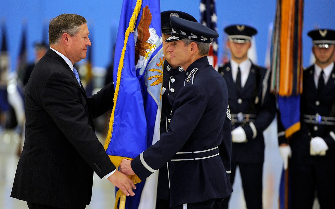 Gen. Norton Schwartz relinquishes the chief of staff flag to Secretary of the Air Force Michael Donley during a ceremony at Joint Base Andrews, Md., Aug. 10, 2012.  Schwartz served in the Air Force for 39 years, the last four as the Air Force's senior uniformed leader. (U.S. Air Force photo/Scott M. Ash)