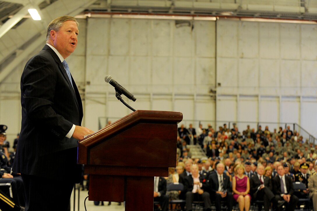Secretary of the Air Force Michael Donley speaks to the audience during the chief of staff transition ceremony honoring Gen. Norton Schwartz and Gen. Mark A. Welsh III at Joint Base Andrews, Md., Aug. 10, 2012.  Schwartz served in the Air Force for 39 years, the last four years as the Air Force's senior uniformed leader.  Prior to becoming the Air Force chief of staff, Welsh commanded U.S. Air Forces in Europe.  (U.S. Air Force photo/Scott M. Ash)