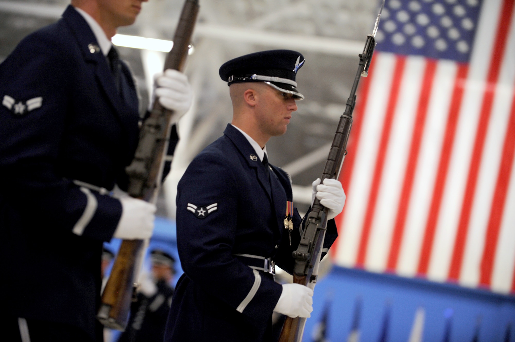 Flights from the U.S. Air Force Honor Guard pass in review for Gen. Norton Schwartz and new Air Force Chief of Staff Gen. Mark A. Welsh III during a ceremony at Joint Base Andrews, Md., Aug. 10, 2012. Schwartz served in the Air Force for 39 years, the last four years as the Air Force’s senior uniformed leader. Prior to becoming the Air Force chief of staff, Welsh commanded U.S. Air Forces in Europe. (U.S. Air Force photo/Senior Airman Christina Brownlow)