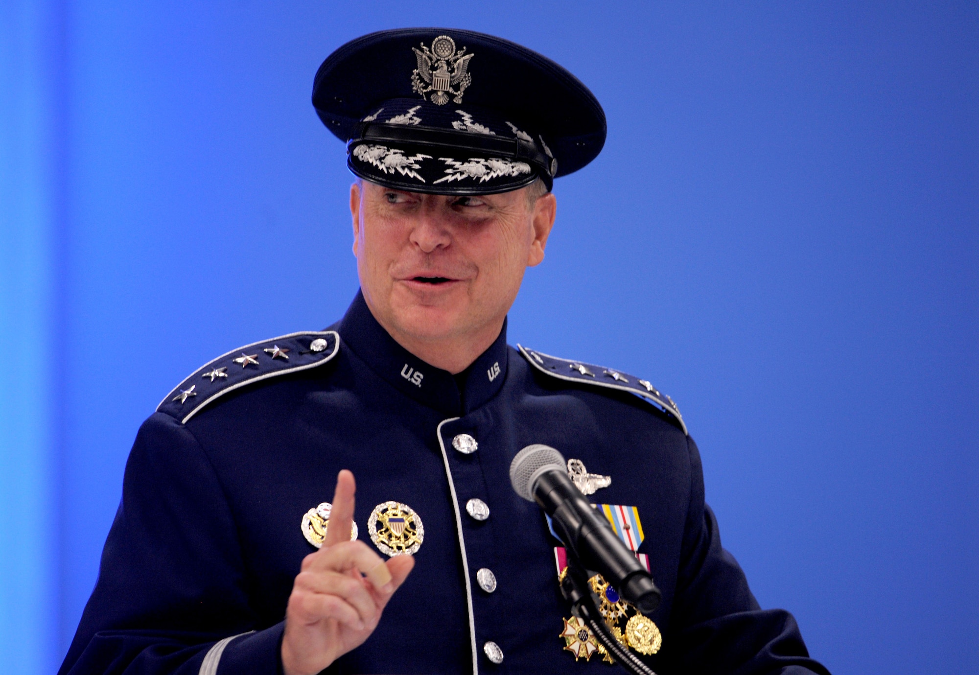 Gen. Mark A. Welsh III addresses the audience after being sworn in as the 20th Air Force chief of staff during a ceremony at Joint Base Andrews, Md., Aug. 10, 2012. Prior to his new position, Welsh was the commander of U.S. Air Forces in Europe. (U.S. Air Force photo/Senior Airman Christina Brownlow)