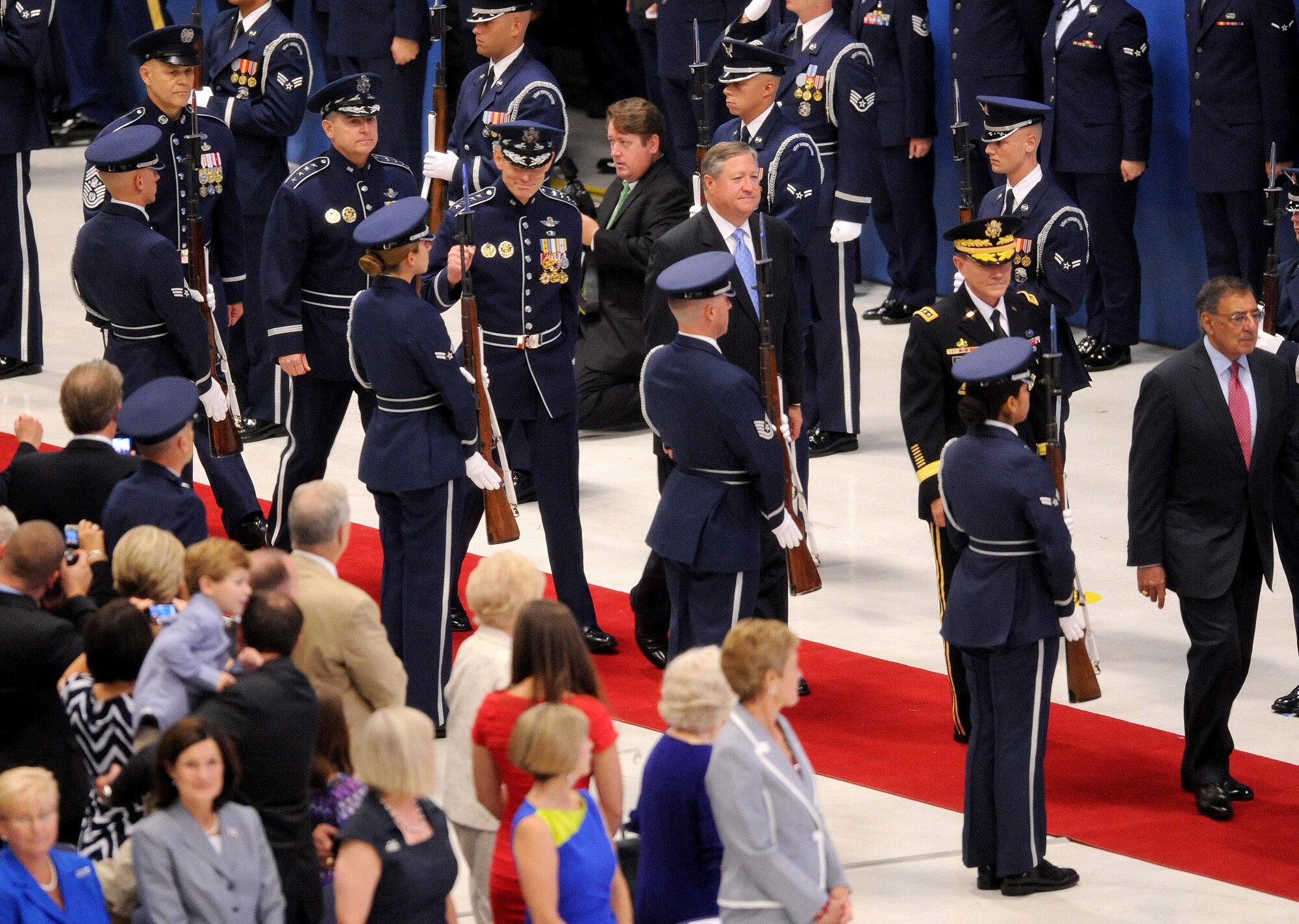 (Right to left) Secretary of Defense Leon Panetta,  Chairman of Joint Chiefs of Staff Gen. Martin Dempsey, former Air Force Chief of Staff Gen. Norton Schwartz, current Air Force Chief of Staff Gen. Mark A. Welsh III and Chief Master Sergeant of the Air Force James Roy  arrive during the Air Force Chief of Staff Retirement and Appointment ceremonies at Joint Base Andrews, Md., Aug. 10, 2012. Schwartz served in the Air Force for 39 years, the last four years as the Air Force’s senior uniformed leader. Prior to becoming the Air Force chief of staff, Welsh commanded U.S. Air Forces in Europe. (U.S. Air Force photo/Master Sgt. Cecilio Ricardo)