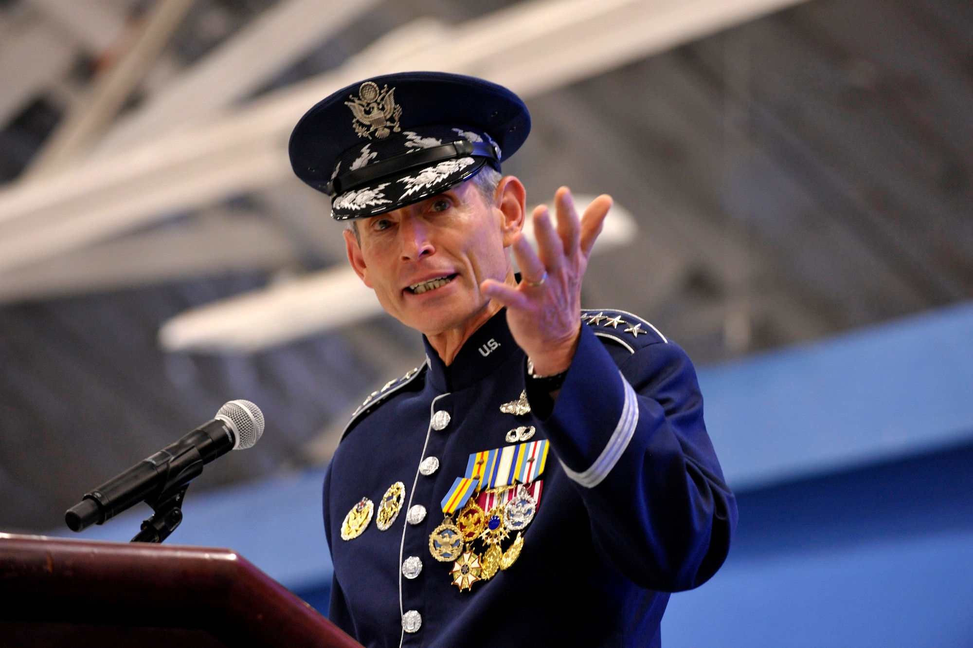 Gen. Norton Schwartz addresses the audience during the Air Force chief of staff transition ceremony at Joint Base Andrews, Md., Aug. 10, 2012. Schwartz served in the Air Force for 39 years, the last four years as the Air Force's senior uniformed leader. (U.S. Air Force photo/Michael J. Pausic)